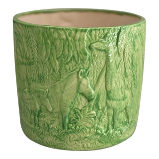 Vintage Green Ceramic Planter With Safari Design For Sale