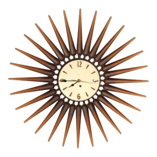 Mid Century Syroco Wood Look Starbust Wall Clock 50's 60's Modern Retro Sunburst For Sale