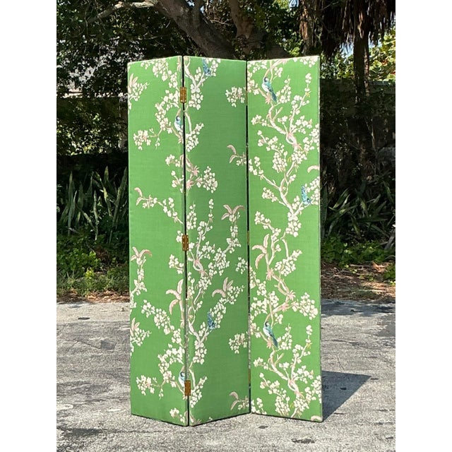 Vintage Regency Gracie Style Upholstered Three Panel Screen For Sale In West Palm - Image 6 of 9