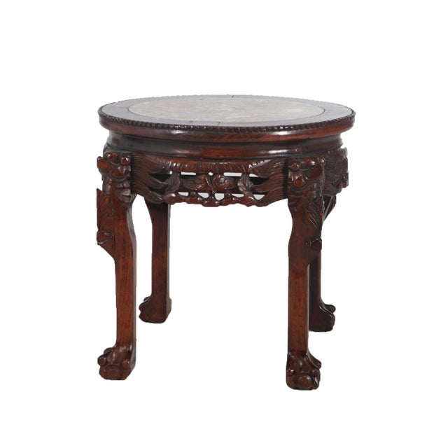 Wood Early 20th Century Chinese Carved Hardwood & Inset Marble Round Plant Stand For Sale - Image 7 of 8