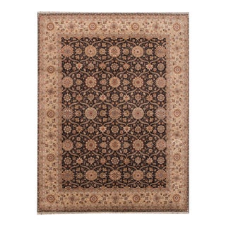 Contemporary Indian Handmade Black Floral Wool Rug For Sale