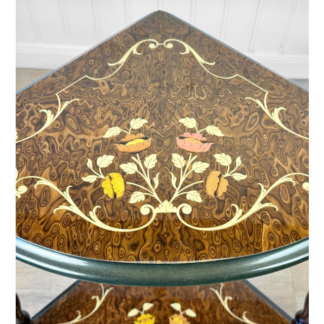 1970s Vintage Italian Rococo Marquetry Fruitwood 2-Tier Corner Shelf For Sale - Image 5 of 11
