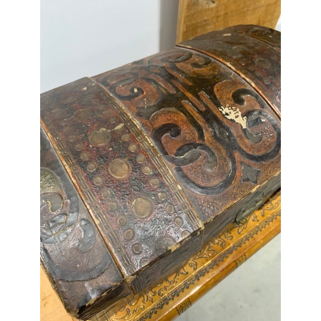 Early Paper Lithographic Dome Trunk with Decorative Metal Hinges & Handles