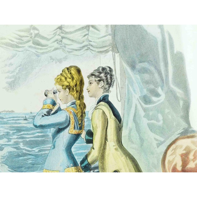 This exquisite early 20th century hand-colored fashion print captures the peak of Victorian coastal elegance. Depicting...