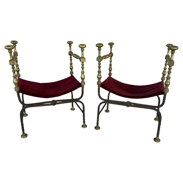 Antique Pair of Italian Bronze and Wrought Iron Savonarola Chairs with Burgundy Velvet Seats. Each chair features the...