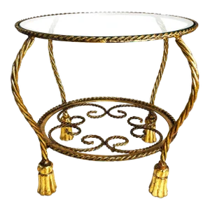1960s Italian Gilt Iron Rope Side Table With Tassel Feet and Round Glass Top
