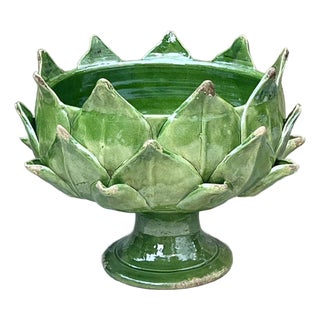 Italian Majolica Artichoke Pedestal Bowl, Emerald Green For Sale