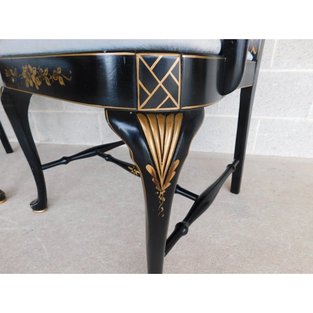 Vintage Georgian Style Chinoiserie Decorated Black Lacquer Arm Chairs - A Pair For Sale - Image 9 of 18