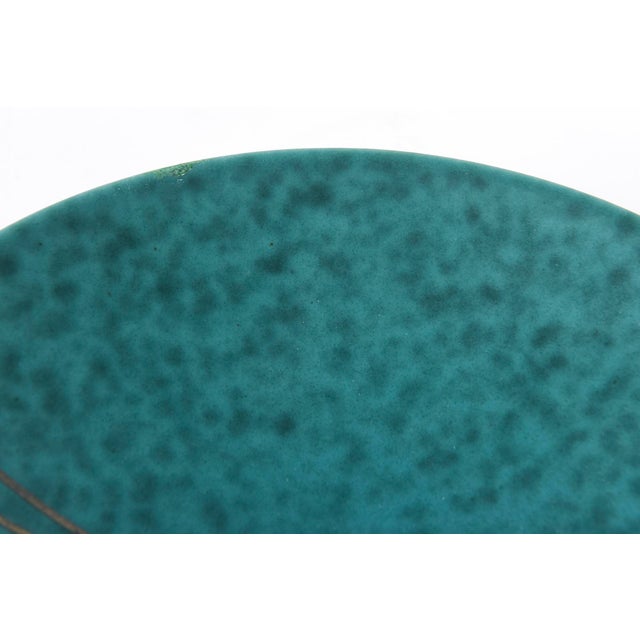 Metal Vintage Gustavsberg Argenta Turquoise Green Ceramic Bowl With Silver Lines Sweden For Sale - Image 7 of 9
