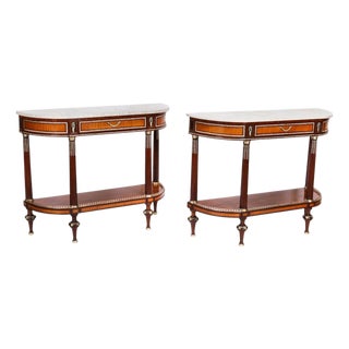 Antique 19th Century French Ormolu Mounted Carrara Marble Top Console Tables, Set of 2 For Sale