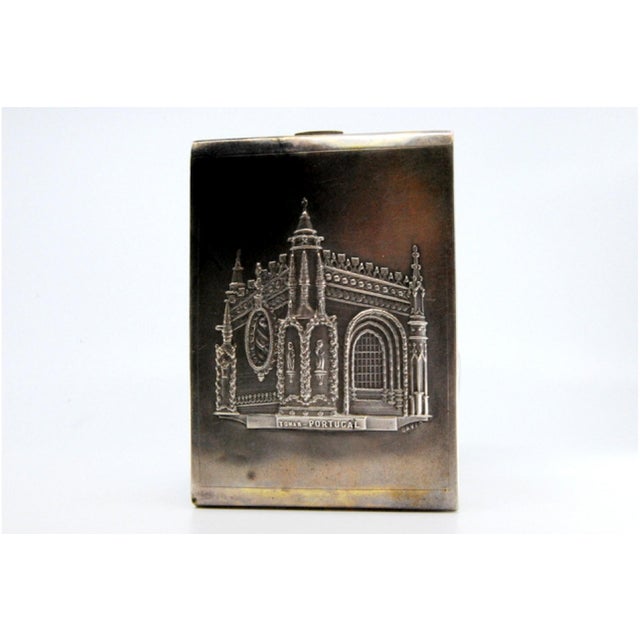 Matte Silver Cigarette Case with High Relief Depicting the Monastery of Tomar and a Hinged Lid., in Good conditions....