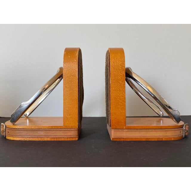 Wood Equestrian Style Nickel Plated Horseshoe, Leather and Maple Bookends - Pair For Sale - Image 7 of 10