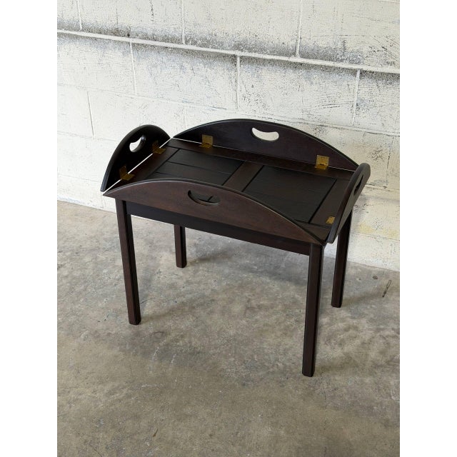Stained Oak Folding Butler Tray End Table With Drop-Down Sides Vintage Mid-Century Modern 1970s For Sale - Image 4 of 11