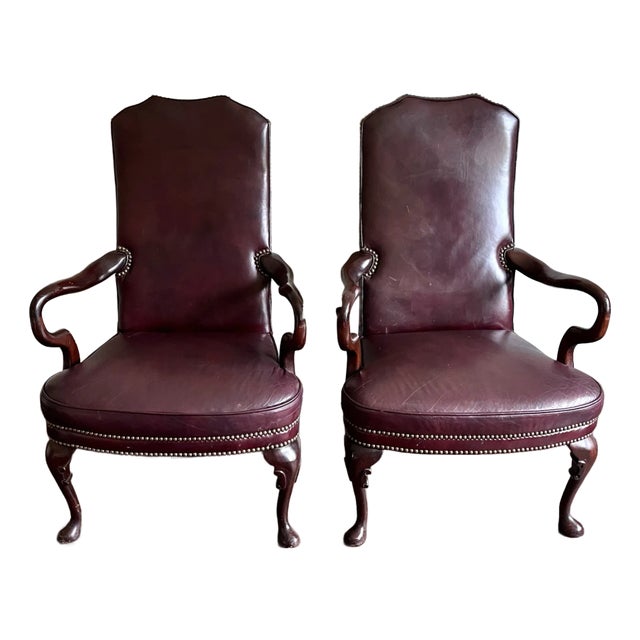 Late 20th Century St. Timothy Queen Anne Style Maroon Leather Library/Office Chairs - A Pair For Sale
