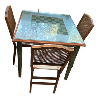 Vintage Mid-Century Leg-O-Matic Folding Game Table & 3 Cane Back Chairs Set (Mcm / Coastal Chess & Checkers) For Sale