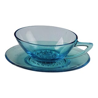 1960s Attributed to Hazel Atlas Capri vivid turquoise-blue Cup and Saucer For Sale