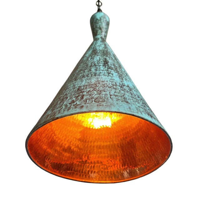 Hammered Copper Cone Verdigris Pendant Light For Sale - Image 4 of 9