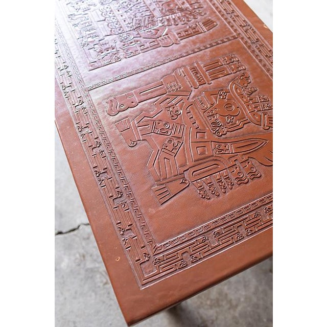 1970s Midcentury Peruvian Hand Tooled Leather Coffee Table /Bench For Sale - Image 12 of 14