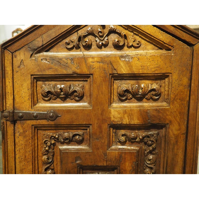 Wood Unusual Circa 1650 Solid Walnut Carved Single Door Cabinet From Spain For Sale - Image 7 of 18