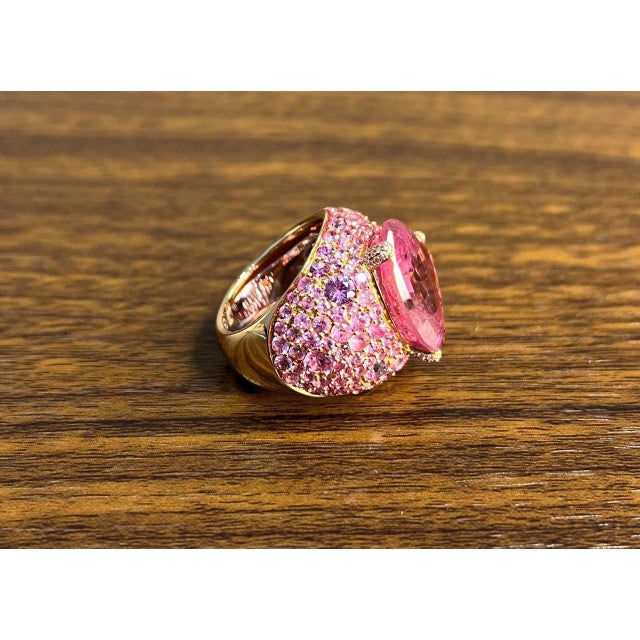 Pink Tourmaline Rubellite Pink Sapphire Diamond Pave 18k Rose Gold Unique Ring, Size 7 For Sale - Image 10 of 14