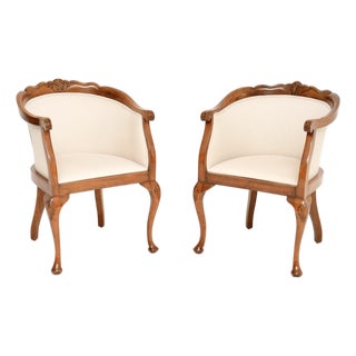 Antique Queen Anne Style Walnut Tub Armchairs, 1920, Set of 2 For Sale