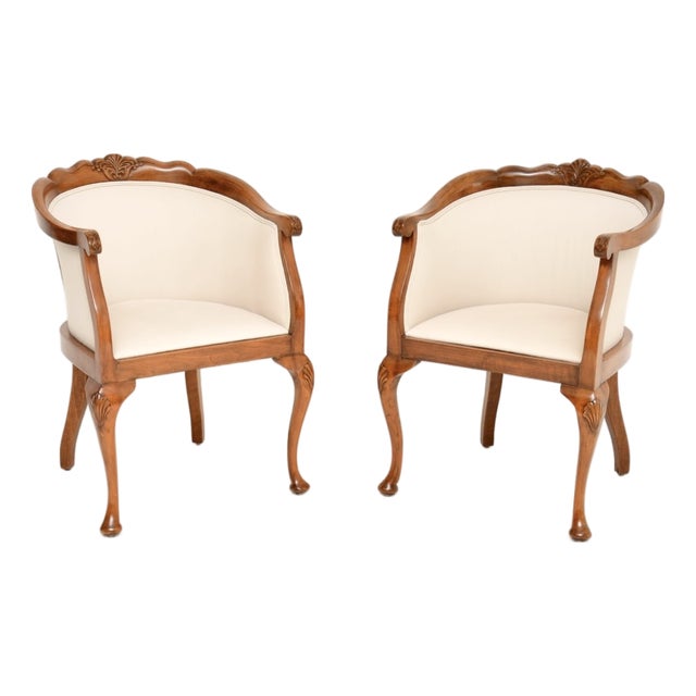 Antique Queen Anne Style Walnut Tub Armchairs, 1920, Set of 2 For Sale