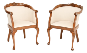 Antique Queen Anne Style Walnut Tub Armchairs, 1920, Set of 2