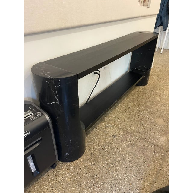 CB2 Scoop 76" Black Marble And Oak Wood Console Table Sides: Black Marble Top & Shelf: Black Wood Size: 76"W x 13"D x...