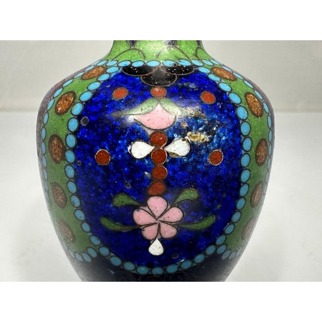 Metal Antique Japanese Cloisonne Vase: Meiji Period Floral Enamel For Sale - Image 7 of 10