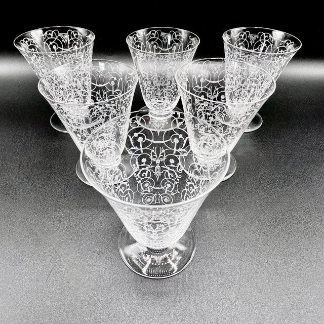 Glass Antique Art Deco Baccarat Crystal Engraved Sherry Glasses in the Michelangelo Design, 1920, Set of 6 For Sale - Image 7 of 17