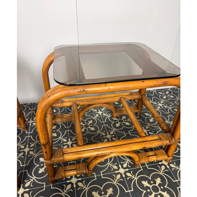 Mid-Century Modern Italian Bamboo and Rattan Side Tables with Smoked Glass, 1950s, Set of 2 For Sale - Image 11 of 18