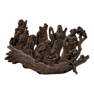 Vintage Hand-Carved Chinese Eight Immortals Wall Panel in Dark Hardwood, Figural Relief Sculpture For Sale