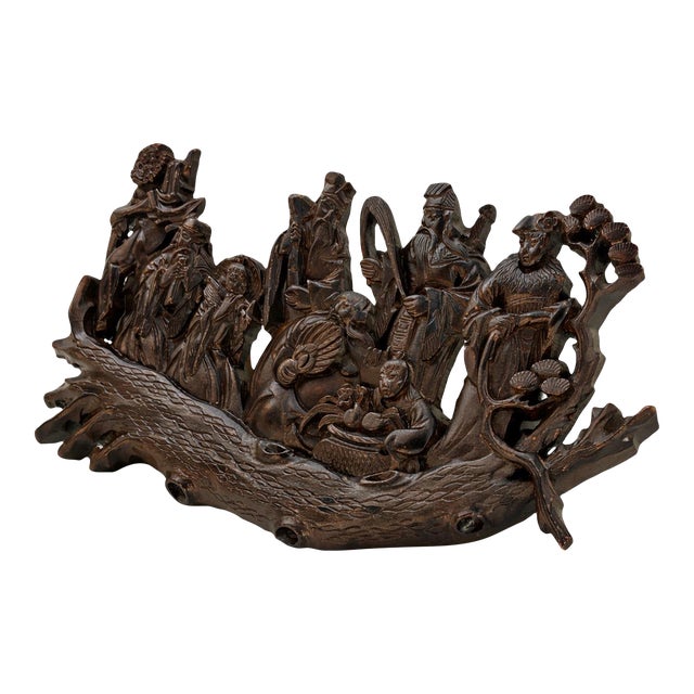 Vintage Hand-Carved Chinese Eight Immortals Wall Panel in Dark Hardwood, Figural Relief Sculpture For Sale