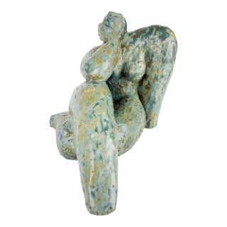 Signed 1995 One-of-a-Kind Modernist Studio Ceramic Reclining Female Sculpture in Verdigris Glaze For Sale