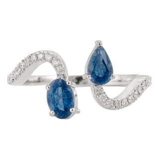 14k Gold Pear & Oval Cut Blue Sapphire & Diamond Bypass Toi Et Moi Ring Size 4 For Sale
