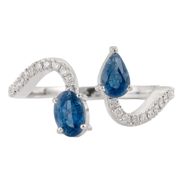 14k Gold Pear & Oval Cut Blue Sapphire & Diamond Bypass Toi Et Moi Ring Size 4 For Sale