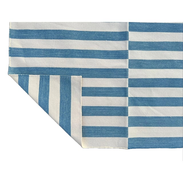 Casa Cosima Handmade Cotton Rug, Sky Blue and White Natural Vegetable Dyed Up Down Striped Dhurrie- 12'x15' For Sale - Image 4 of 11