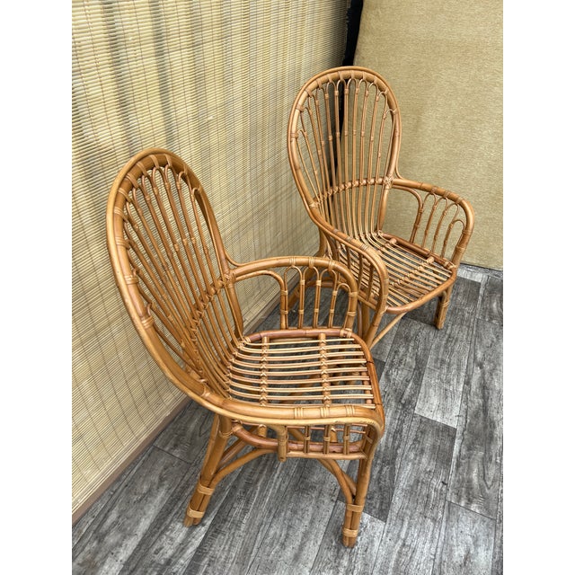 1980s A Pair of Rattan Fan Back Lounge Chairs in the Franco Albini's Style. Circa 1980s For Sale - Image 5 of 18