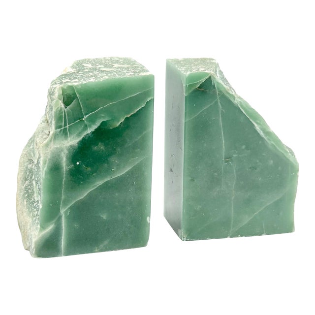 Vintage Green Onyx Stone Bookends — Sculptural Natural Edge — Hollywood Regency / Organic Modern For Sale