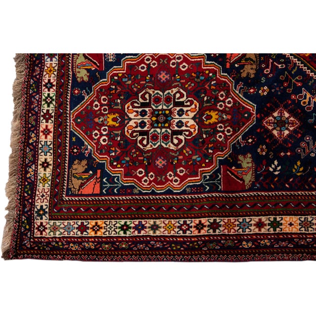 Vintage Handmade Persian Blue Medallion Wool Rug 6'8" X 10'2" For Sale - Image 4 of 12