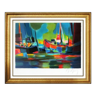 Mid 20th Century Boats in Harbor, Marcel Mouly For Sale