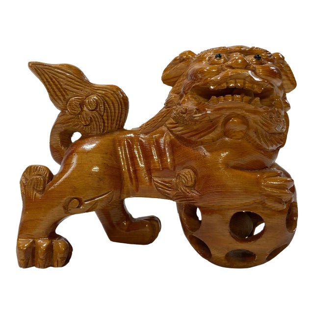 Vintage Hand-Carved Wood Foo Dog Figure For Sale