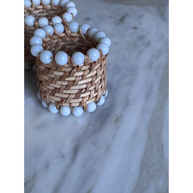 Vintage Pearl Bead Accent Rattan Napkin Rings - Set of 6 For Sale - Image 9 of 13