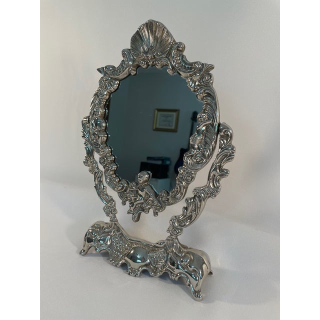 Rococo Vintage French Silverplated Tabletop Vanity Mirror For Sale - Image 3 of 12
