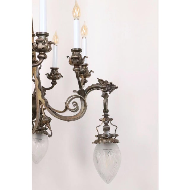 Early 20th Century Cast Bronze Highly Ornate Chandelier With Original Etched Glass Down Shades For Sale - Image 4 of 16