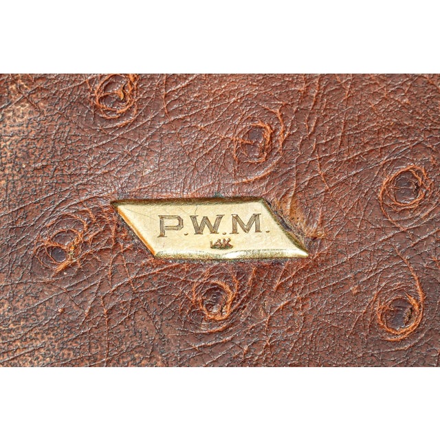 Art Deco Luxurious Hand Made Antique Ostrich Leather Wallet Art Deco With 14k Gold PWM Monogram Plaque For Sale - Image 3 of 9