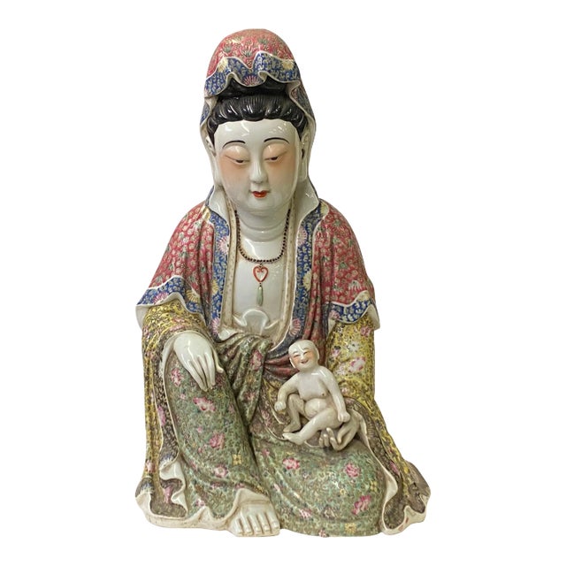 Vintage Chinese Fujian Multi Color Porcelain Kwan Yin W Kid Statue For Sale