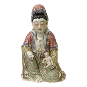 Vintage Chinese Fujian Multi Color Porcelain Kwan Yin W Kid Statue