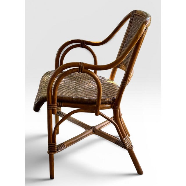 Vintage French Style Bistro Bamboo and Rattan Dining Set Round Glass Top Table and Four Armchairs 5 Pieces For Sale In Portland, ME - Image 6 of 16