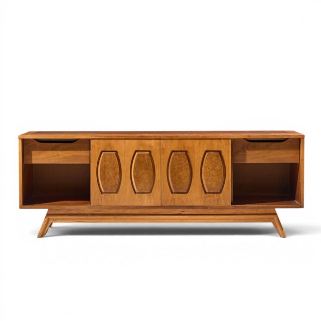 Young Manufacturing Mid Century Walnut and Burlwood Sliding Door Credenza and Hutch For Sale - Image 9 of 12